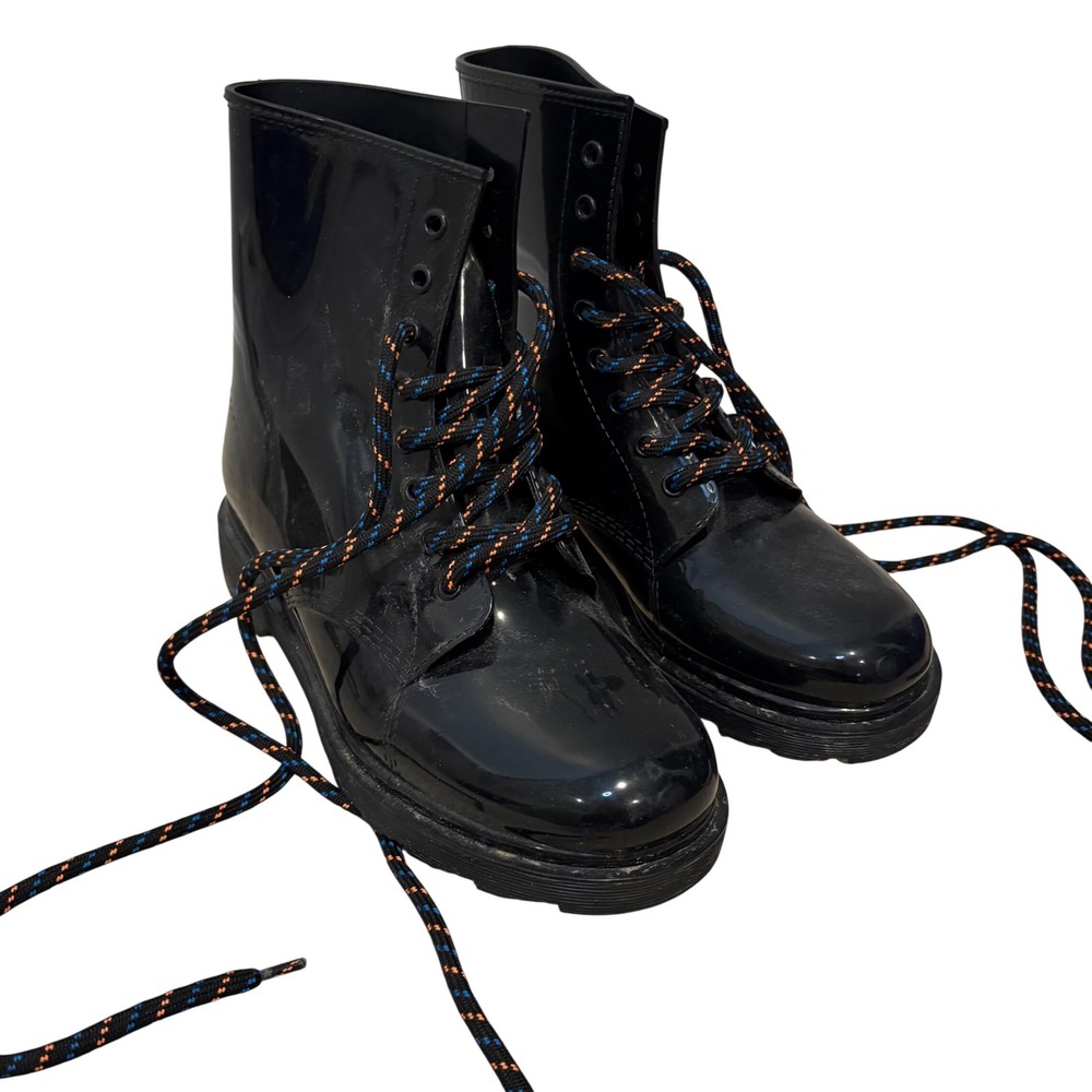 ASOS Black Patent Vinyl Combat Boots Chunky Lug Sole Lace Up Women's UK 4 US 6.5